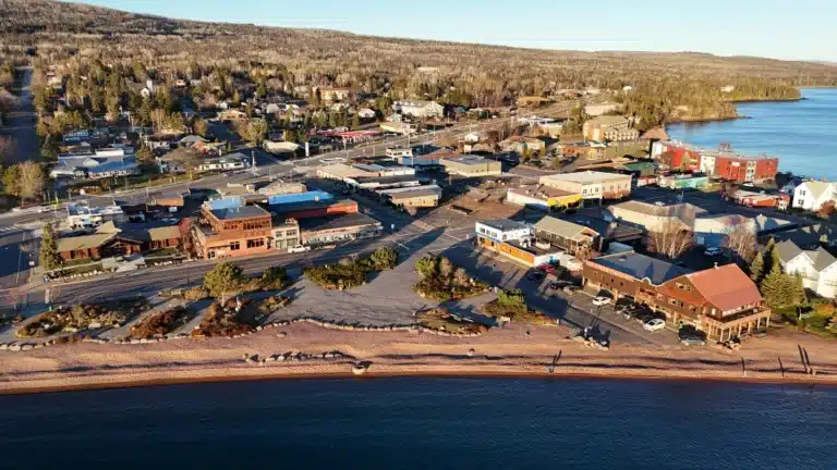 overlook of the town of grand marais minnesota on lake superior