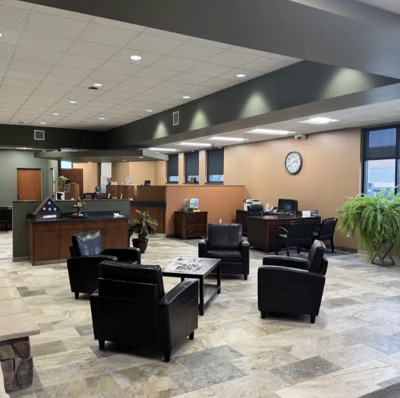 central chairs and table in the lobby of the grand marais state bank hutchinson branch