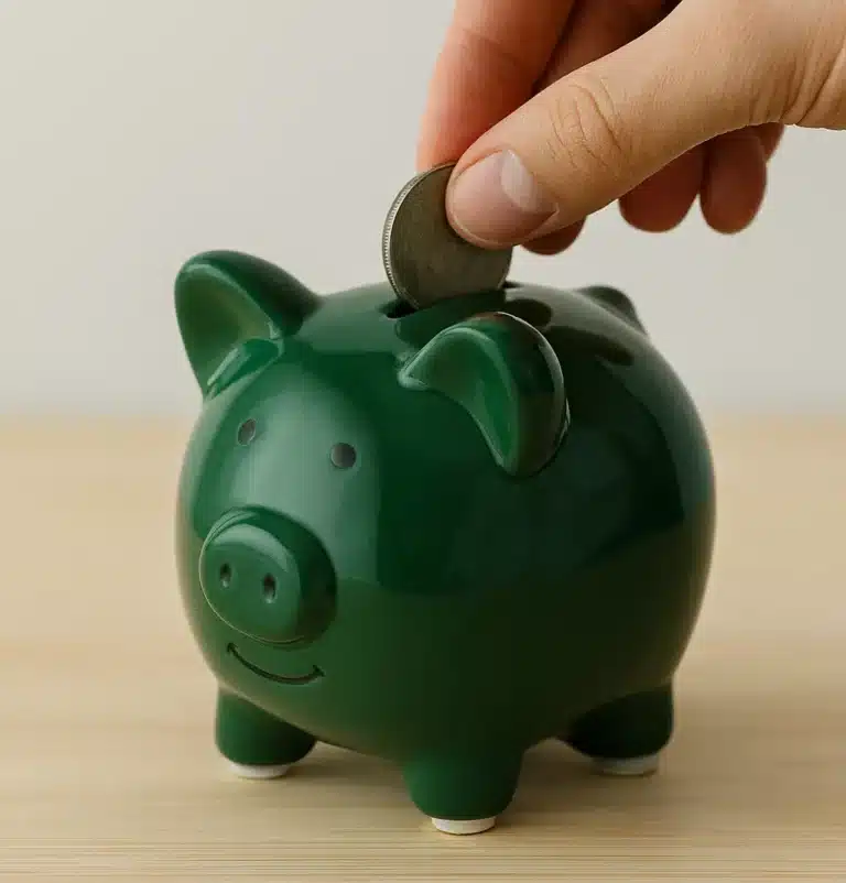 a hand dropping a quarter into a green piggy bank