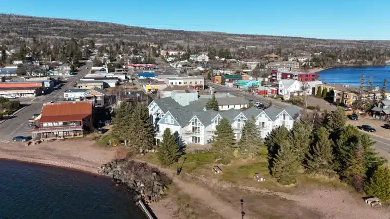 overlook of the town of grand marais minnesota on lake superior