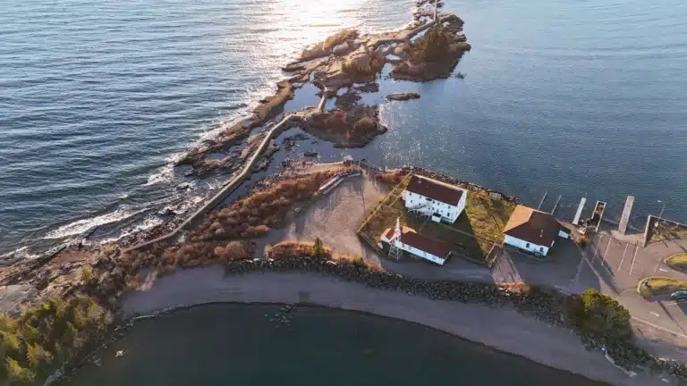 arial view of a lighthouse walkway in grand marais minnesota
